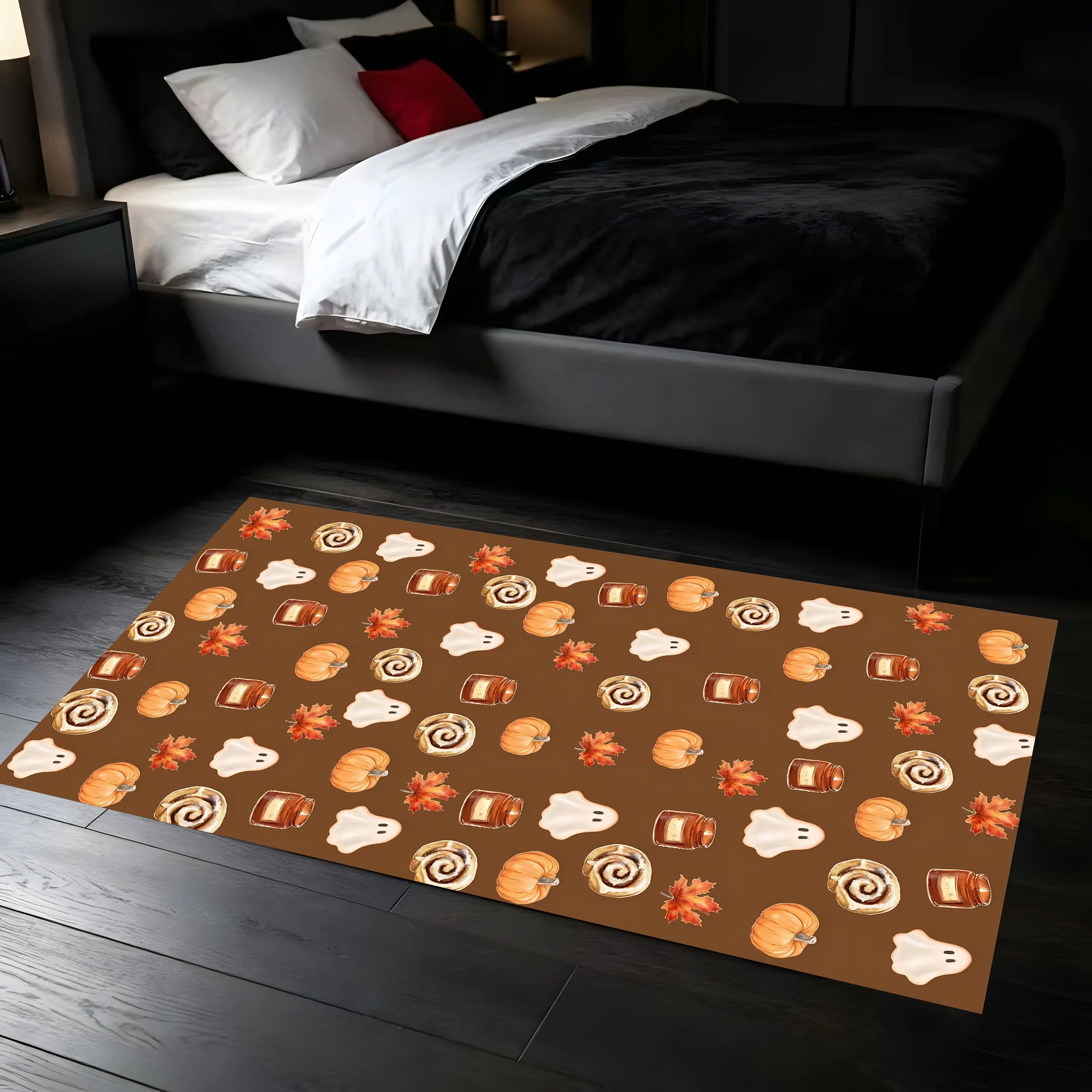 2D Carpet Ghostly Pumpkin Maple Leaf Prints Full Coverage Design Childlike Soothing Warm Soft Tones Vibrant Colors Halloween the