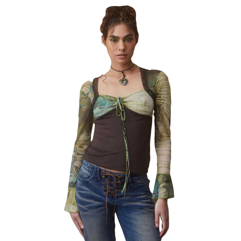 

2022 Autumn Fashion Trend Women's New Square Neck Long Sleeved Printed Mesh Slim Fit Versatile T-Shirt