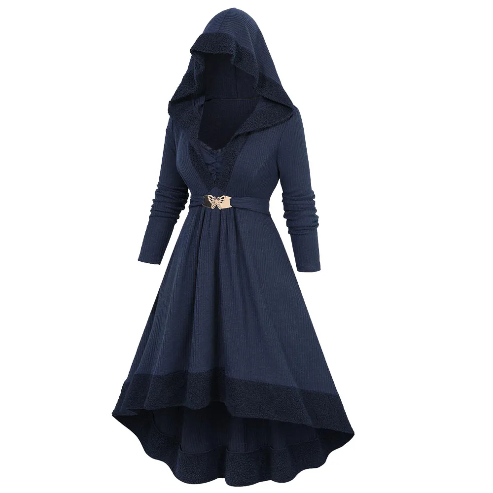 ROSEGAL Plus Size Womens Hooded Dress Autumn Butterfly Buckle Ruched Ruffles Teddy Trim Ribbed Textured Dress Deep Blue Costumes