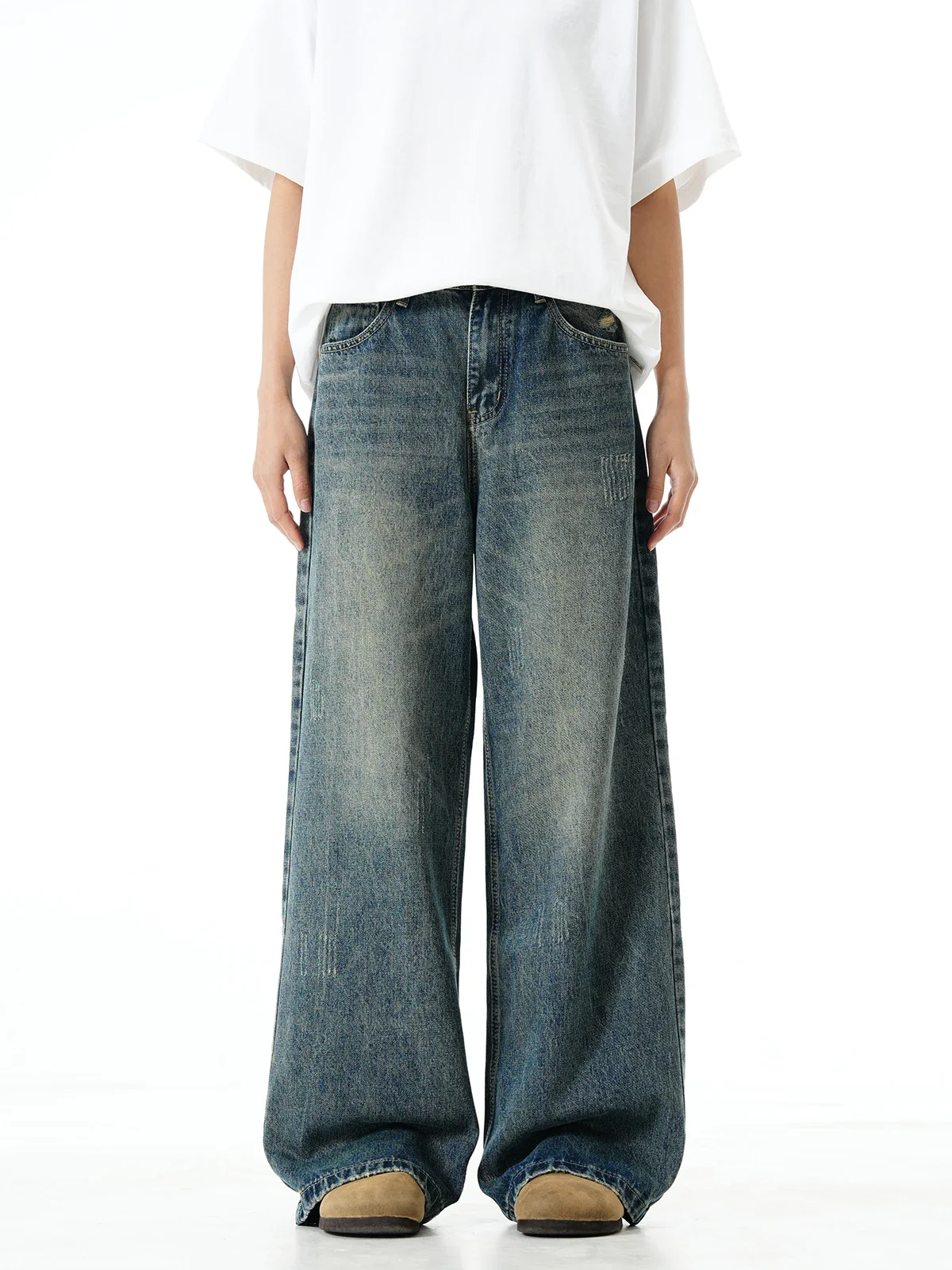 Loose straight wide-leg jeans American washed old retro long pants for men and women