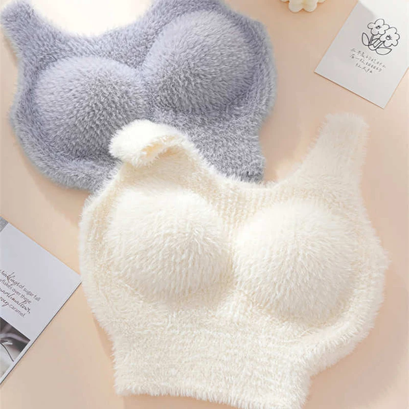 Autumn Winter Plush Warm Wool Tank Tops Bottom Imitation Cashmere Girls Thermal Underwear Thicken Fleece Camisole Bra Pads