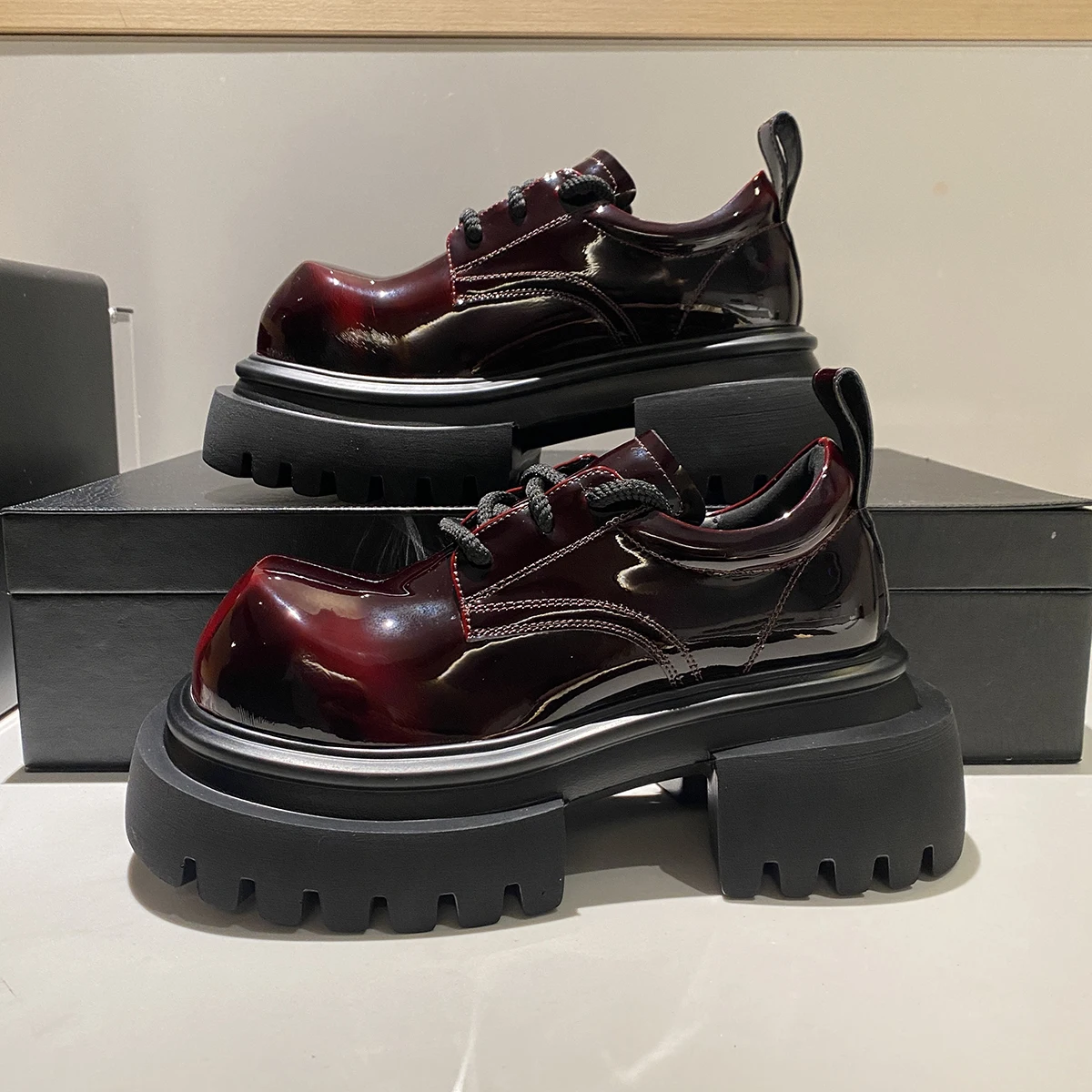 

Wine Red Thick Bottom Flats Women's Shoes Spring 2025 New Style Cute Big Head Shoes British Style Genuine Leather Shoes