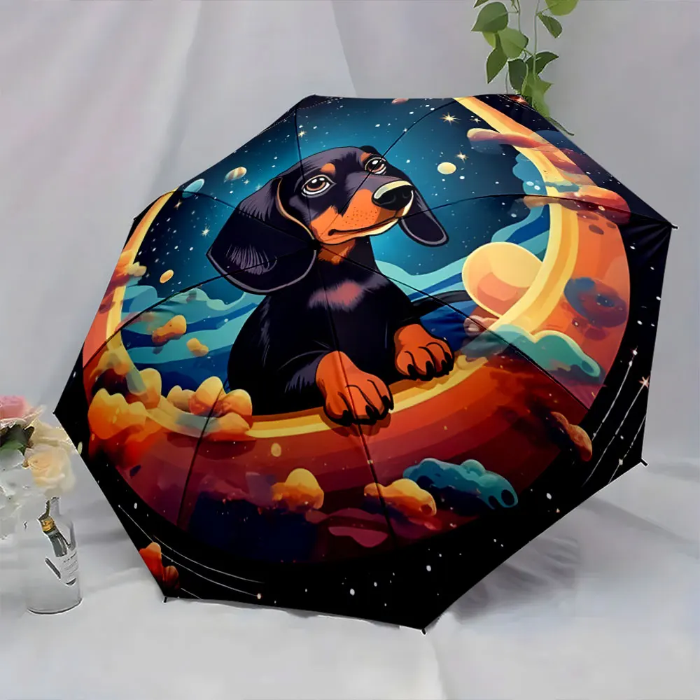 1PC Space-Themed Dachshund Umbrella Adds Cosmic Charm to Rainy Days 8 Iron Ribs Folding Umbrella Auto-Open Fashion Sunshade