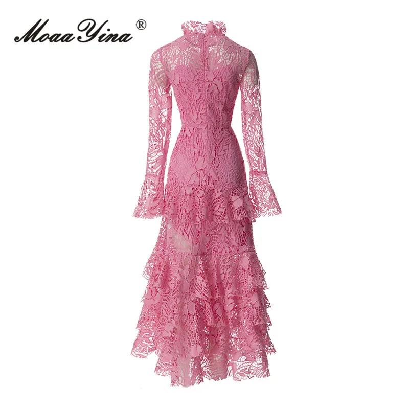 Vestidos de marca de lujo para mujer, vestido Midi ahuecado de manga larga con cuello levantado y volantes en cascada, color rosa y Vintage, 2023