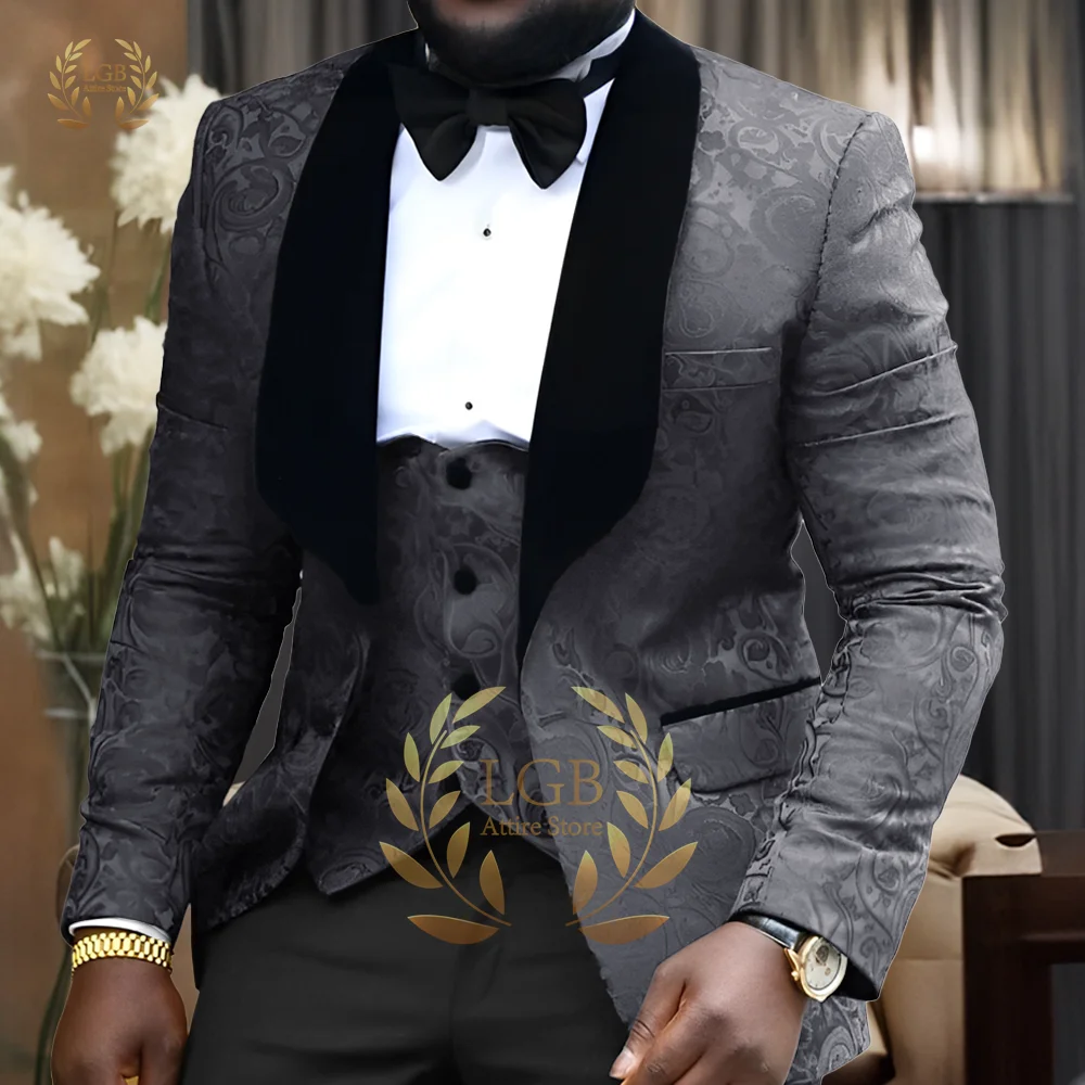 Men's luxury jacquard satin jacquard jacket vest pants 3 piece set, advanced custom wedding party groom groomsmen slim suit