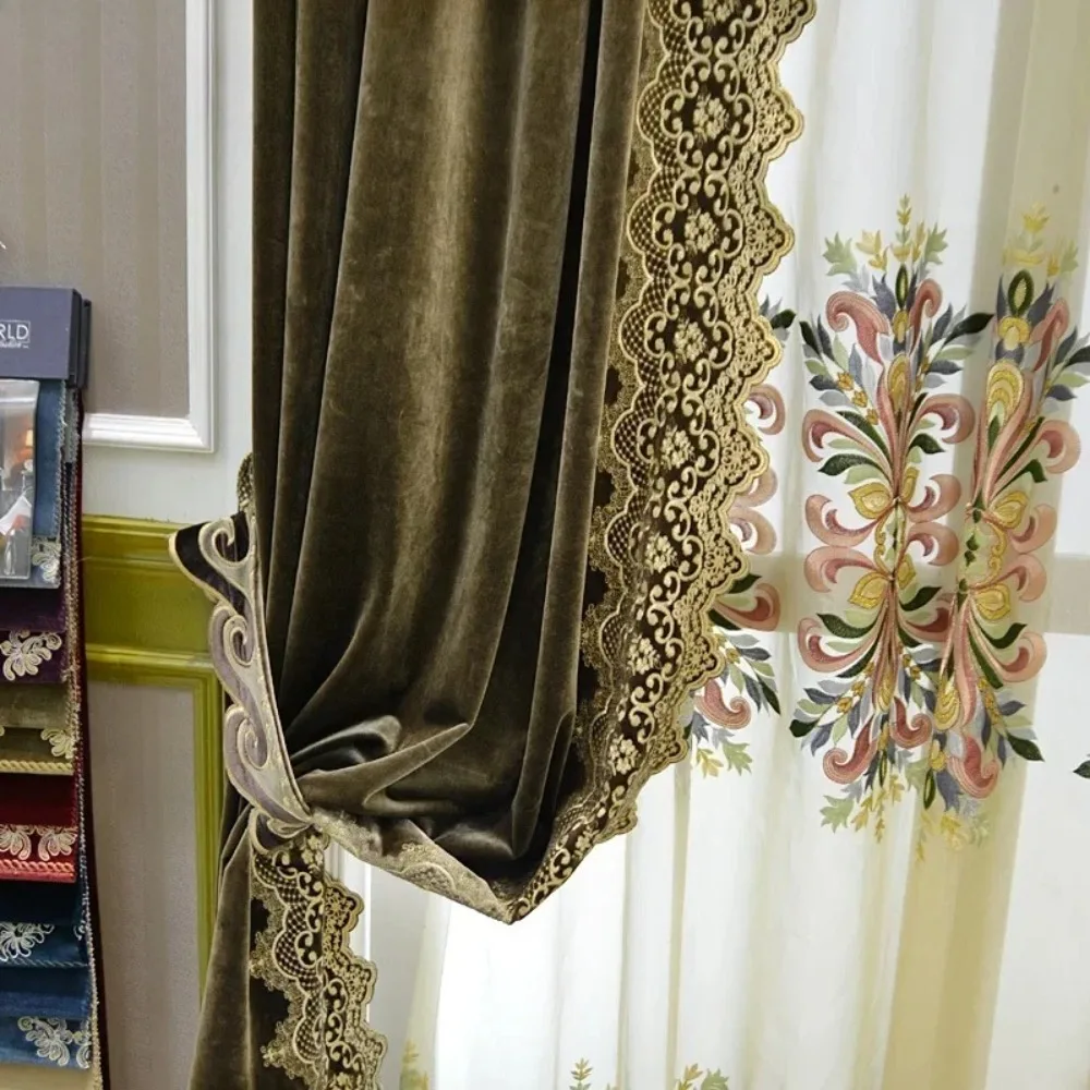 Luxury Classic European Green Embroidered Blackout Curtains for Living Room Bedroom Dining Custom Size Tulle Lace Decor
