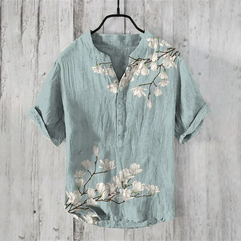 

Japan fashion Men's Small V-Neck henley shirt Men's Vintage Japanese Art Magnolia Flower V Neck Casual Shirt