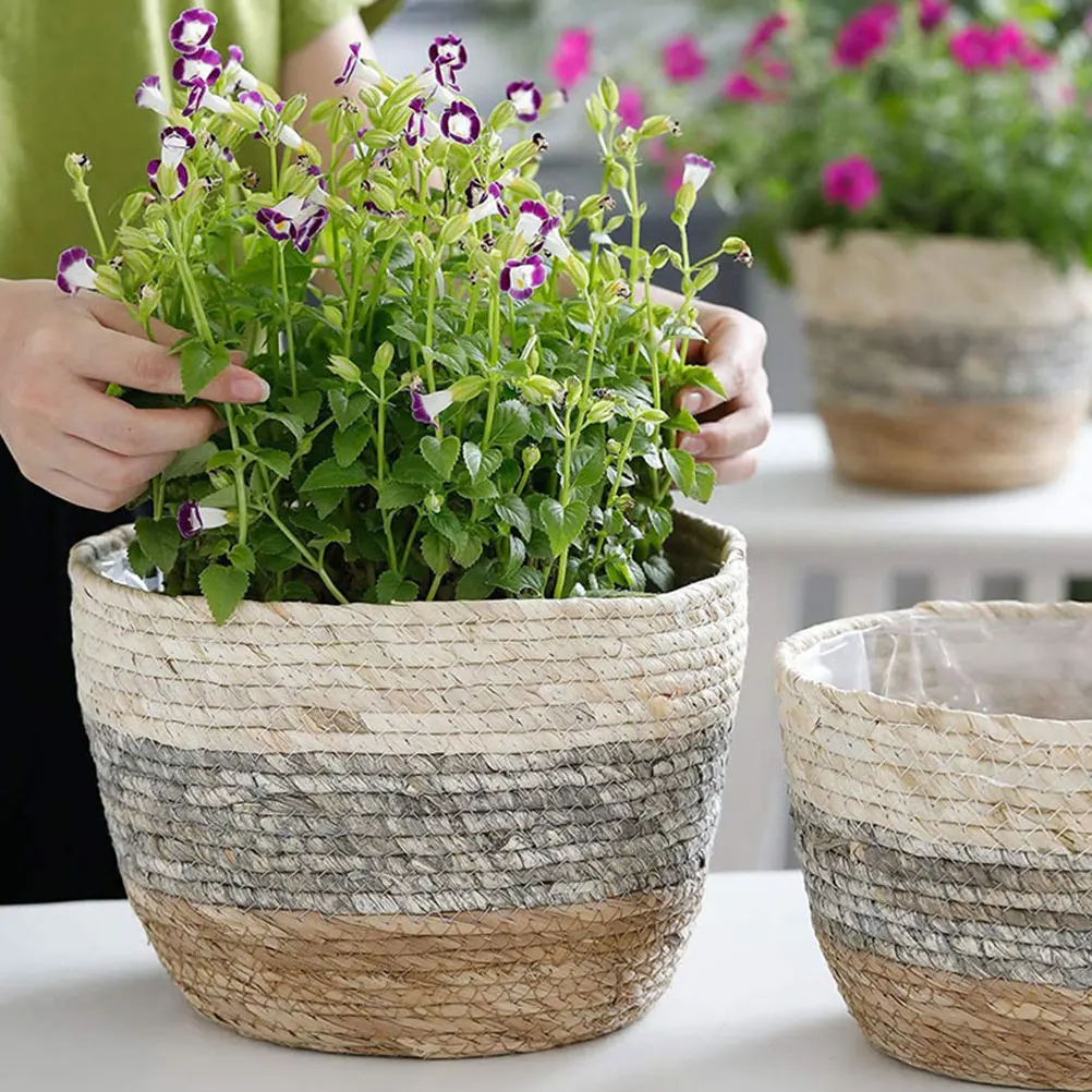 

2pcs Woven Flowerpots Natural Straw Baskets For Indoor Outdoor Decor Multi-Purpose Plant Holders Desktop Flower Baskets Garden