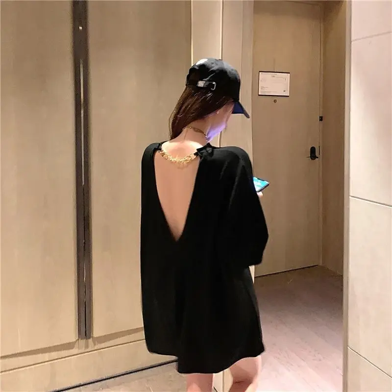 Backless Short Sleeve T-shirts Women Baggy Sexy Females High Street Harajuku Vintage Fashion Korean New Arrival Pure Summer Tops
