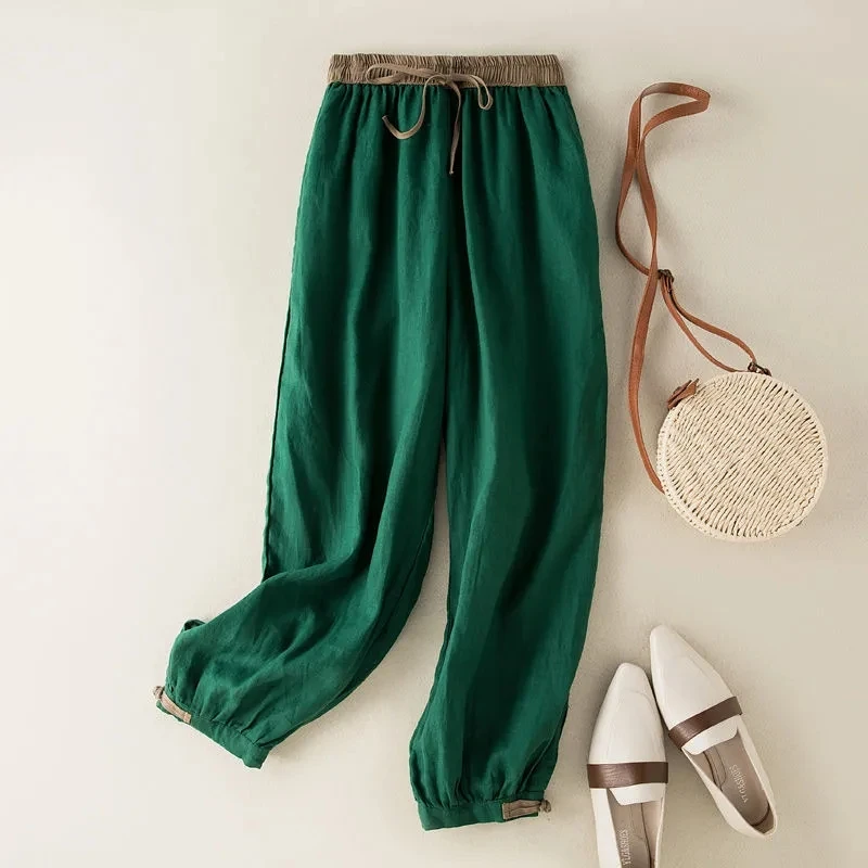 Green Casual Elastic High Waist Lace-up Loose Women's Pants Korean Fashion Ankle-Length Harem Pants For Women 2026 Spring