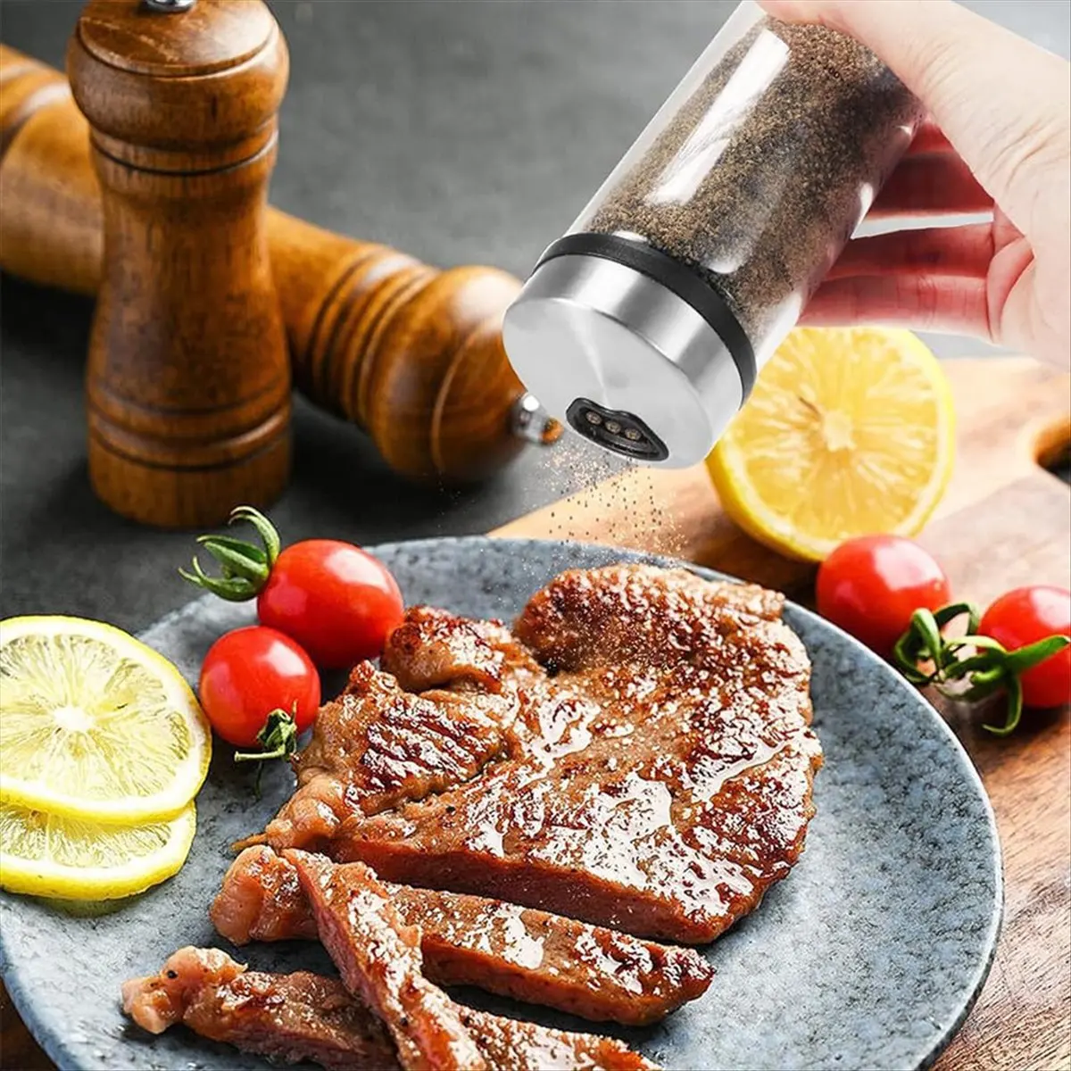 A67T NEW 2 Pack Salt Pepper Shaker, 200ml Salt Shaker with Adjustable Pour Holes, Stainless Steel Spice Shaker,for Kitchen