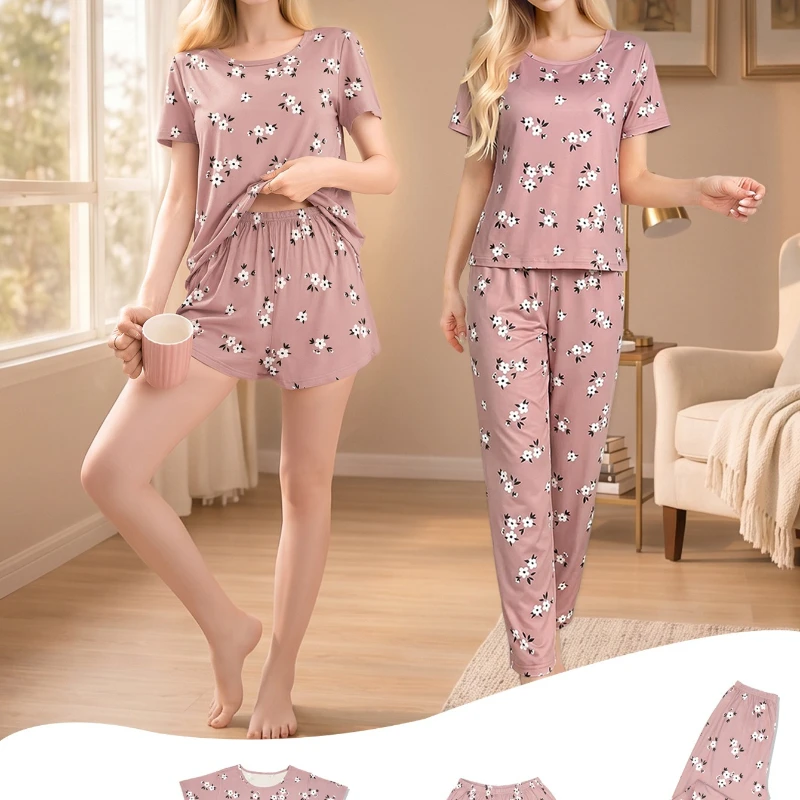 European American 3 Pieces Floral Print Pullover Sleepwear Women Casual Homewear Can Be Worn Out UPS Air,3-5Day Delivery