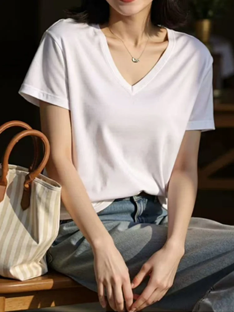 Ladies' V-Neck Short Sleeve T-Shirt White Loose Fit Slimming Summer New Style Commute Korean Version Standard Size Pure Color