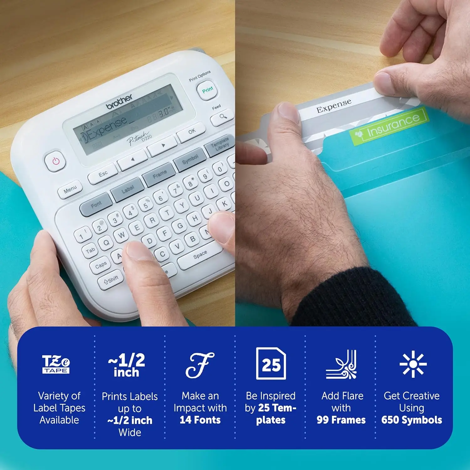 Brother PT-D220 P-Touch Label Maker QWERTY Keyboard 25 Pre-Set Label Templates Thermal Label Memory machine for Home & Office