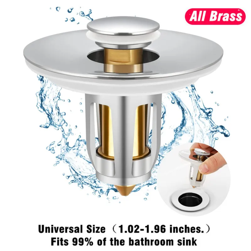 Universal All Brass Pop-Up Bounce Core Basin Drain Filter Hair Catcher Sink Strainer Bathtub Stopper Bath Plug Bathroom Tool