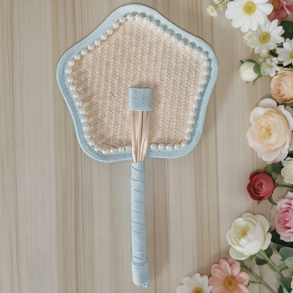 Fabric Wrapped Handle Fan Portable Handmade Cooling Fan Natural Woven Straw Fan Breathable For Daily Cooling Handcraft Creation