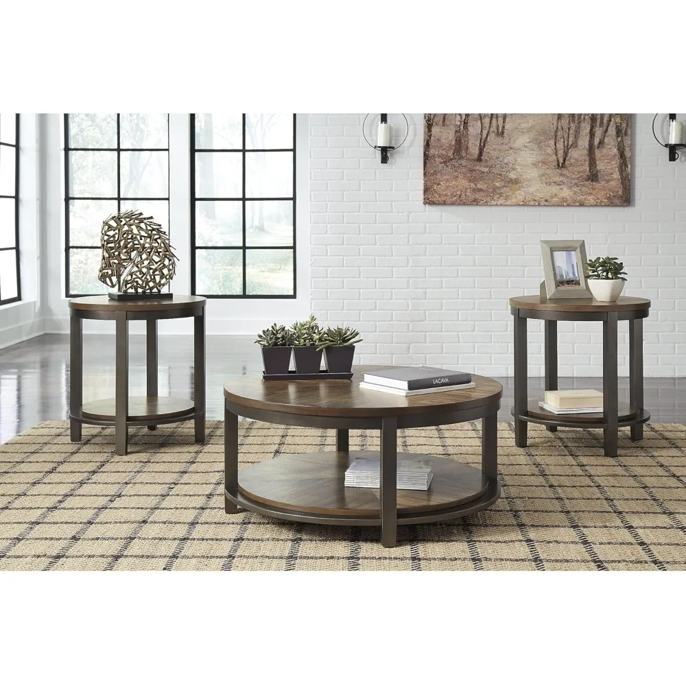 Rustic Round 3-Piece Table Set, Includes 1 Coffee Table and 2 End Tables with Fixed Shelf