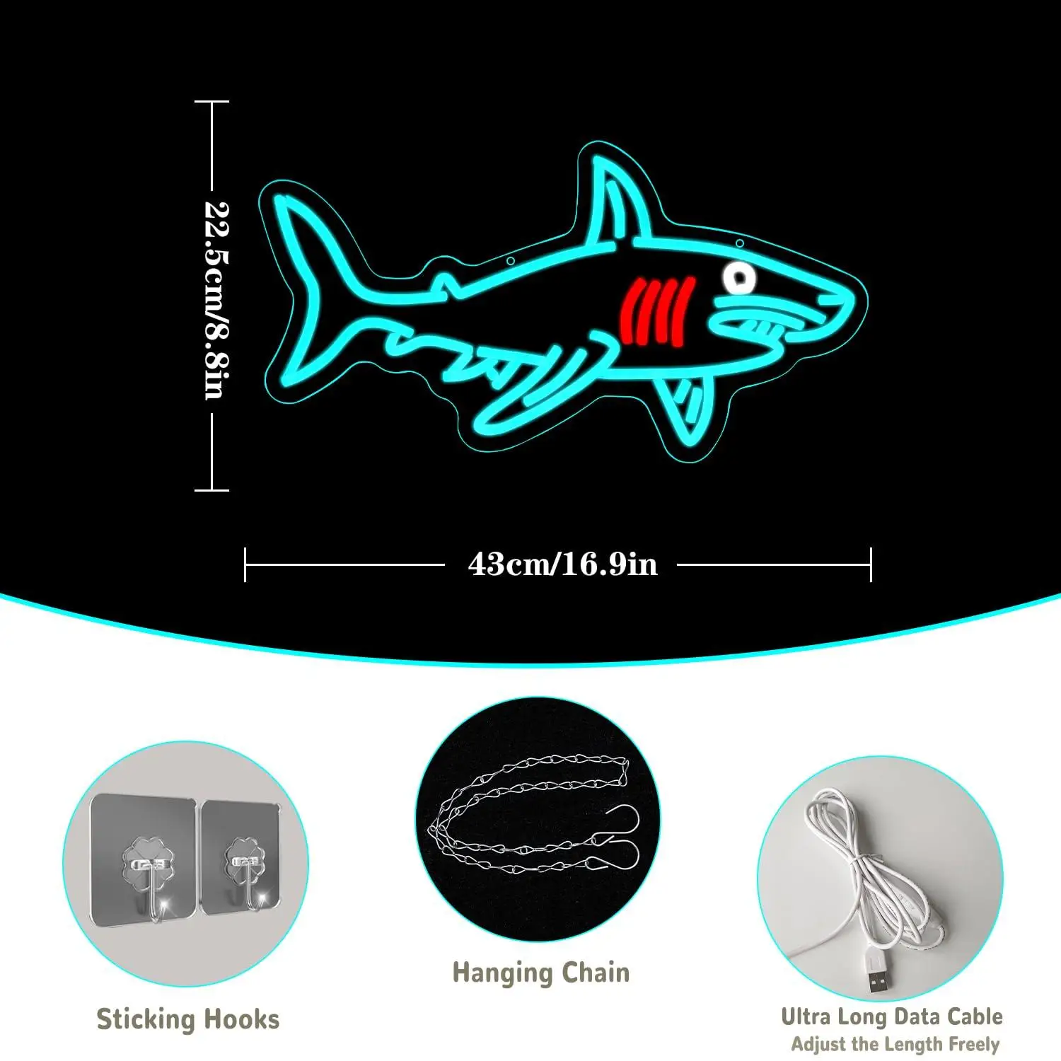 Shark Neon Sign USB Dimmable LED Light for Beach House Bedroom Game Room Ocean Animal Themed Wall Decor for Ocean Lovers Gifts