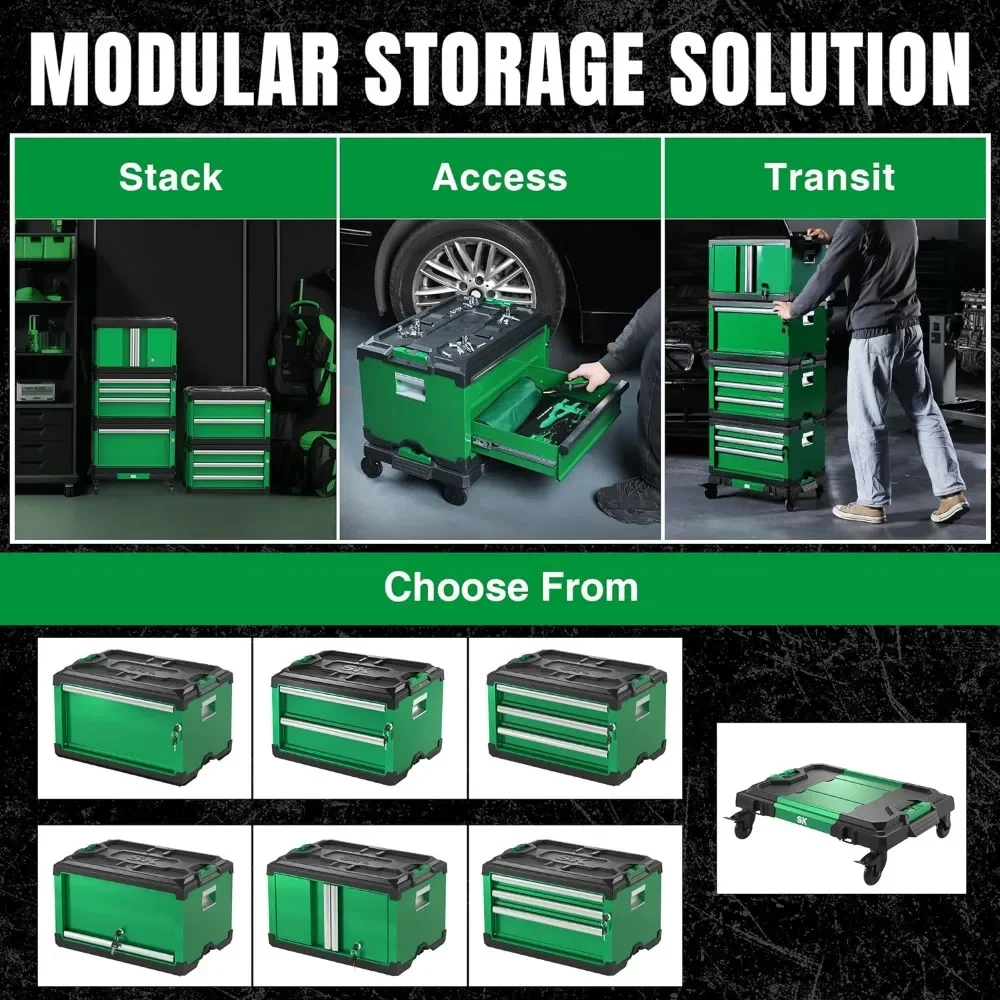 Toolbox, 3-Drawer Steel Box, Patented Auto-Lock Mechanism, Holds Up To 60 Lbs., Modular Stackable Storage Toolbox