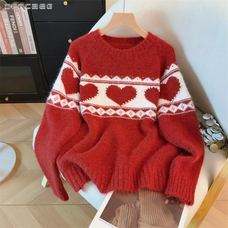 

Красный рождественский новогодний свитер с круглым вырезом для женщин с любовью и бисером, осенне-зимняя мягкая утепленная вязаная верхняя одежда