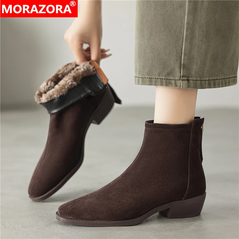 

MORAZORA Size 34-42 Cow Suede Leather Zipper Ankle Boots For Women Black Brown Handmade Thick Fur Warm Winter Boots