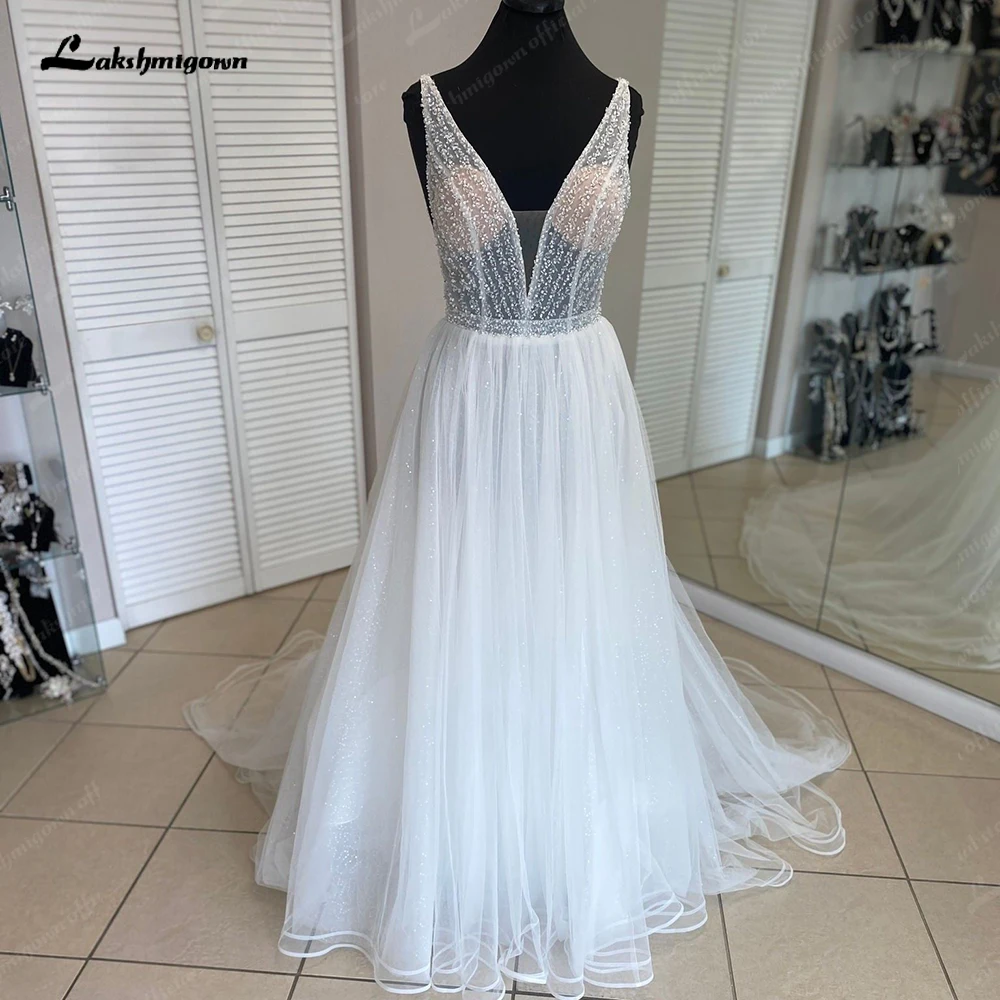 Lakshmigown-vestido de novia con escote en V para mujer, traje de boda con ilusión de encaje, 2024