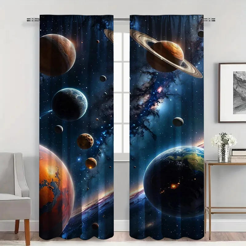 2pcs Cosmic Galaxy Curtains with Rod Pocket, Saturn & Planets on Starry Night Sheer , Mysterious Space Theme for Bedroom