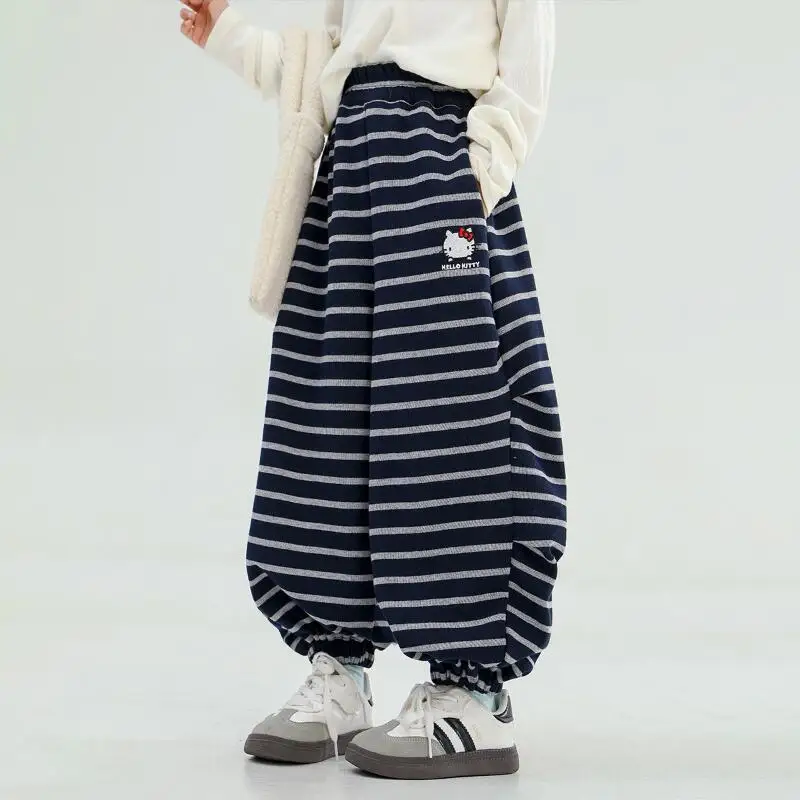 

Популярные штаны Sanrio для девочек, каваи, аниме, весенне-осенние студенческие повседневные широкие брюки в полоску, детская одежда, новинка
