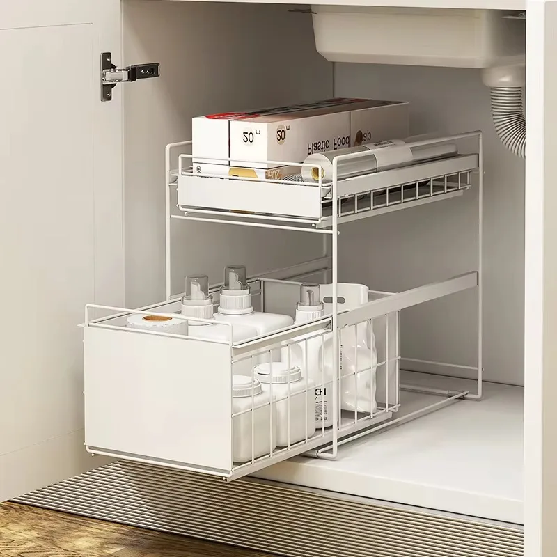 Steel Double Tier Folding Sliding Cabinet Basket Drawer Under Sink Multifunction Storage Rack for Bathroom Kitchen
