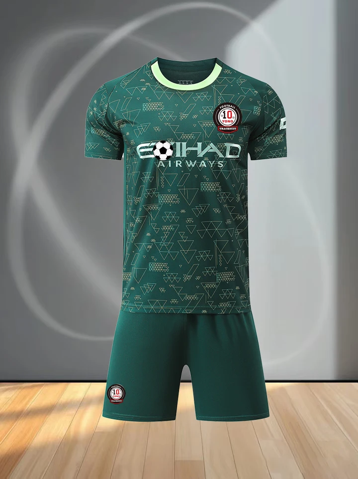 Men's Green Football Jersey Set Short Sleeve Soccer Uniform Quick Dry Breathable Sports Shirt Shorts Kit For Training Match Team