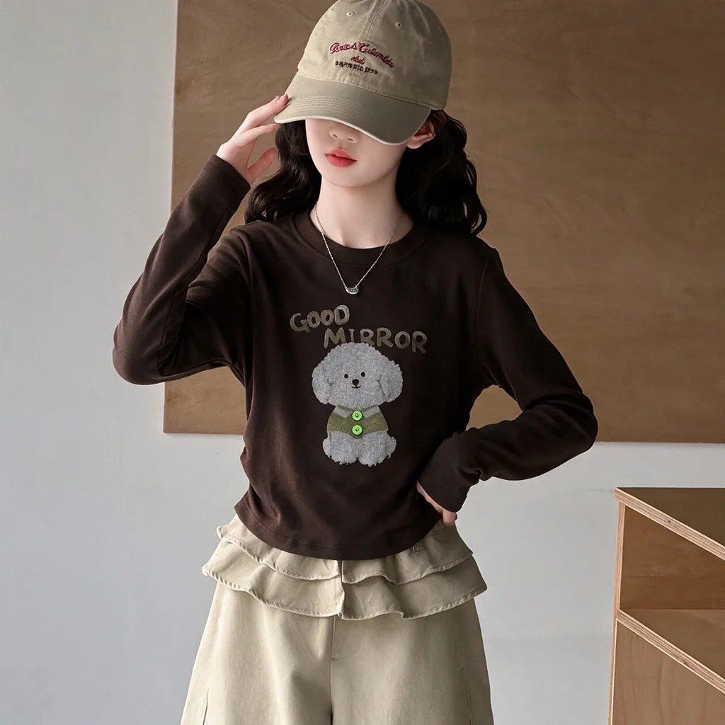 Girls Cute Puppy Print Long Sleeve T-shirt and Ruffled Cargo Pants Children Clothes Suit 2026 2