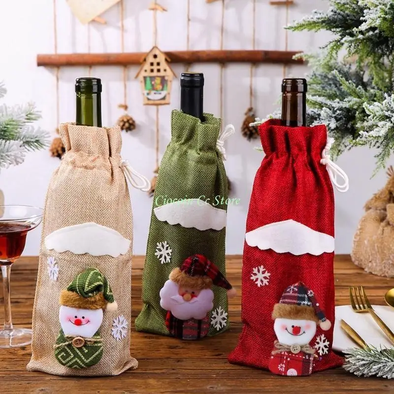 X90F Christmas Wine Bottle Cover Wine Gift Bags with Drawstring Reusable Xmas Covers for Wedding Birthday Holiday Party Home