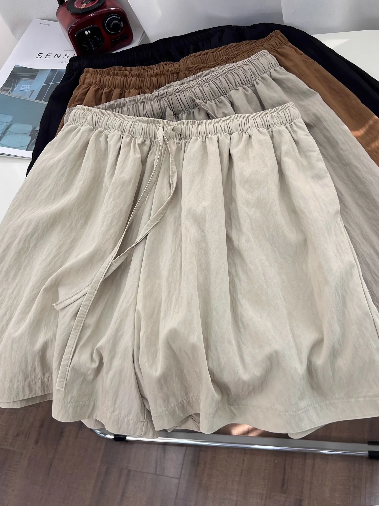 Summer Thin Ice Silk Sembach Women's Shorts Casual High Waist Wide Leg Loose A-Line Hot Pants Folded Muscle Texture Lazy Style