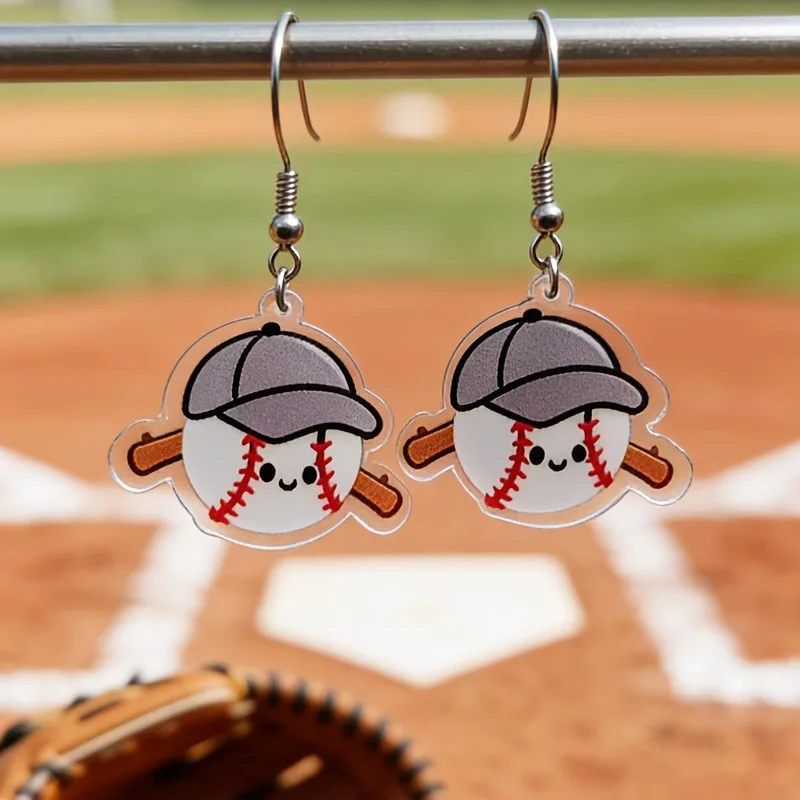 Cute Cartoon Baseball Pendant Drop Earrings Acrylic 2D Flat Sporty Fashion Casual Jewelry for Women Girls Sports Students