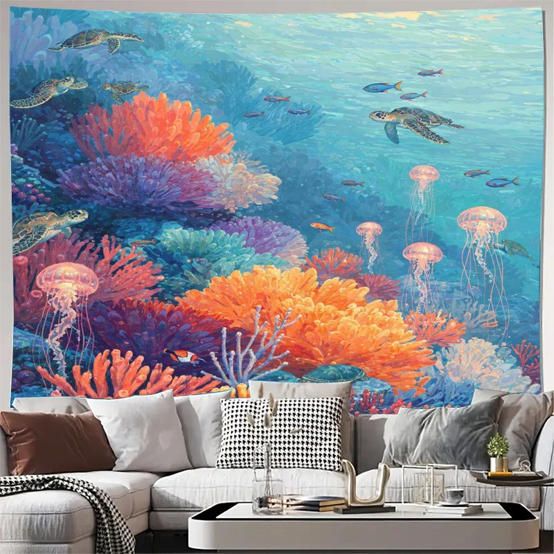 Large Tropical Ocean Coral Reef Tapestry Wall Art Jellyfish Marine Life Decor Canvas Hanging Print Nautical Nursery Bedroom Gift