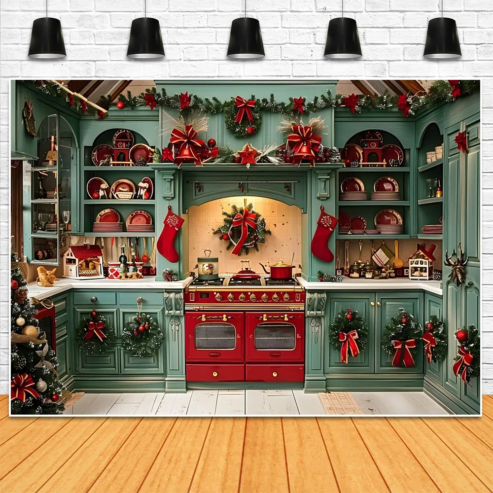 모시카 크리스마스 주방 사진 배경, 레트로 그린 캐비닛, 크리스마스 트리 화환, 가족 초상화 배경, 포토콜 소품