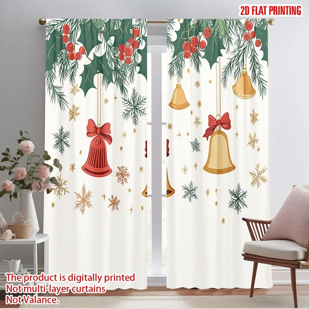 2pcs,2D plane printing Curtains&Window Treatment Christmas Bells Holly Berries (2) Versatile 100% Polyester (without rod)