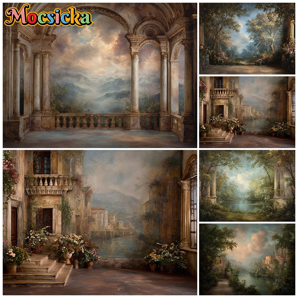 

Mocsicka Renaissance Mountain View Palace Backdrops Oil Painting European Marble Photography Background Cloudy Sky Studio Props