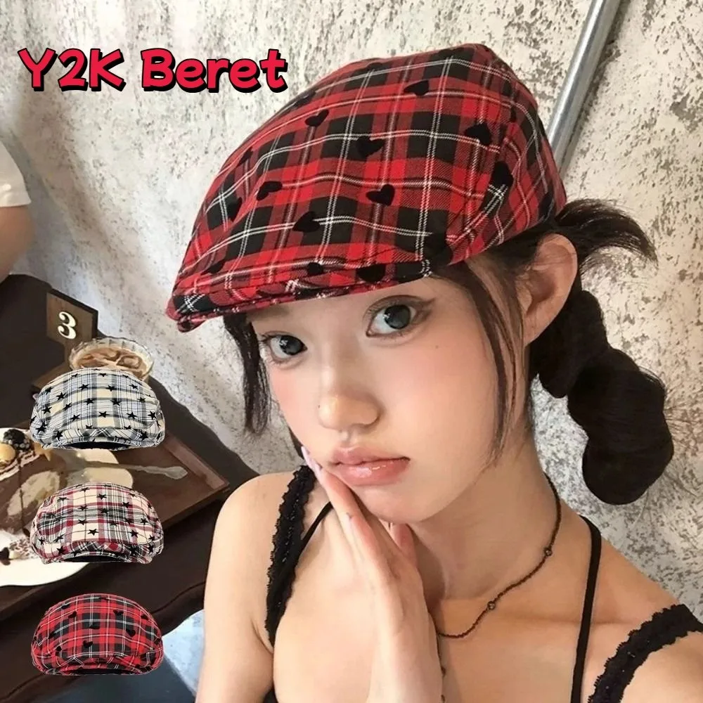 

Sweet Vintage Women's Beret Y2k Plaid Japanese Newsboy Cap Star Heart Versatile Painter Cap Streetwear