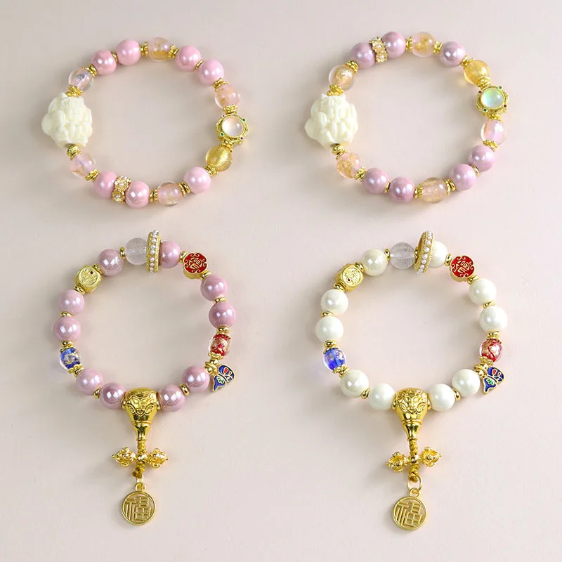 Ash Porcelain Gold Silver Foil Glass Beaded Nine-Tailed Fox Pink Porcelain Lucky Bracelet: Women's Niche Jewelry Gift