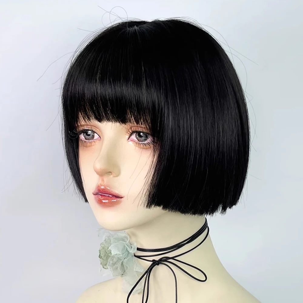 VICWIG Synthetic Short Straight Black Wigs with Bangs Lolita Cosplay Women Natural Hair Wig for Daily Party