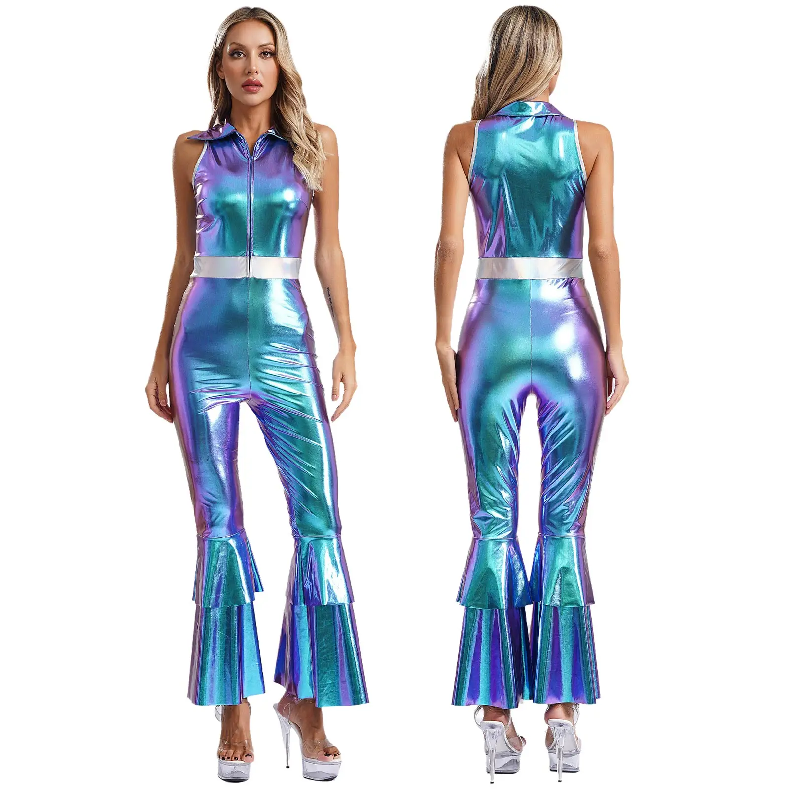 Women Disco Costumes Retro 70s Hippie Party Jazz Dancewear Shiny Metallic Jumpsuit Sleeveless Flared Bodysuit Cosplay Dress Up