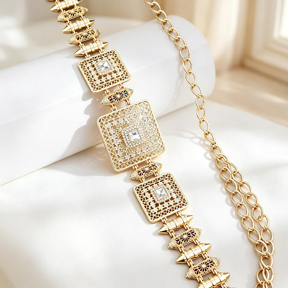 Sunspicems Gold Color Morocco Caftan Belt Metal Waist Chain Rhinestones Waist Belly Chain Belt Arabic Women Wedding Jewelry