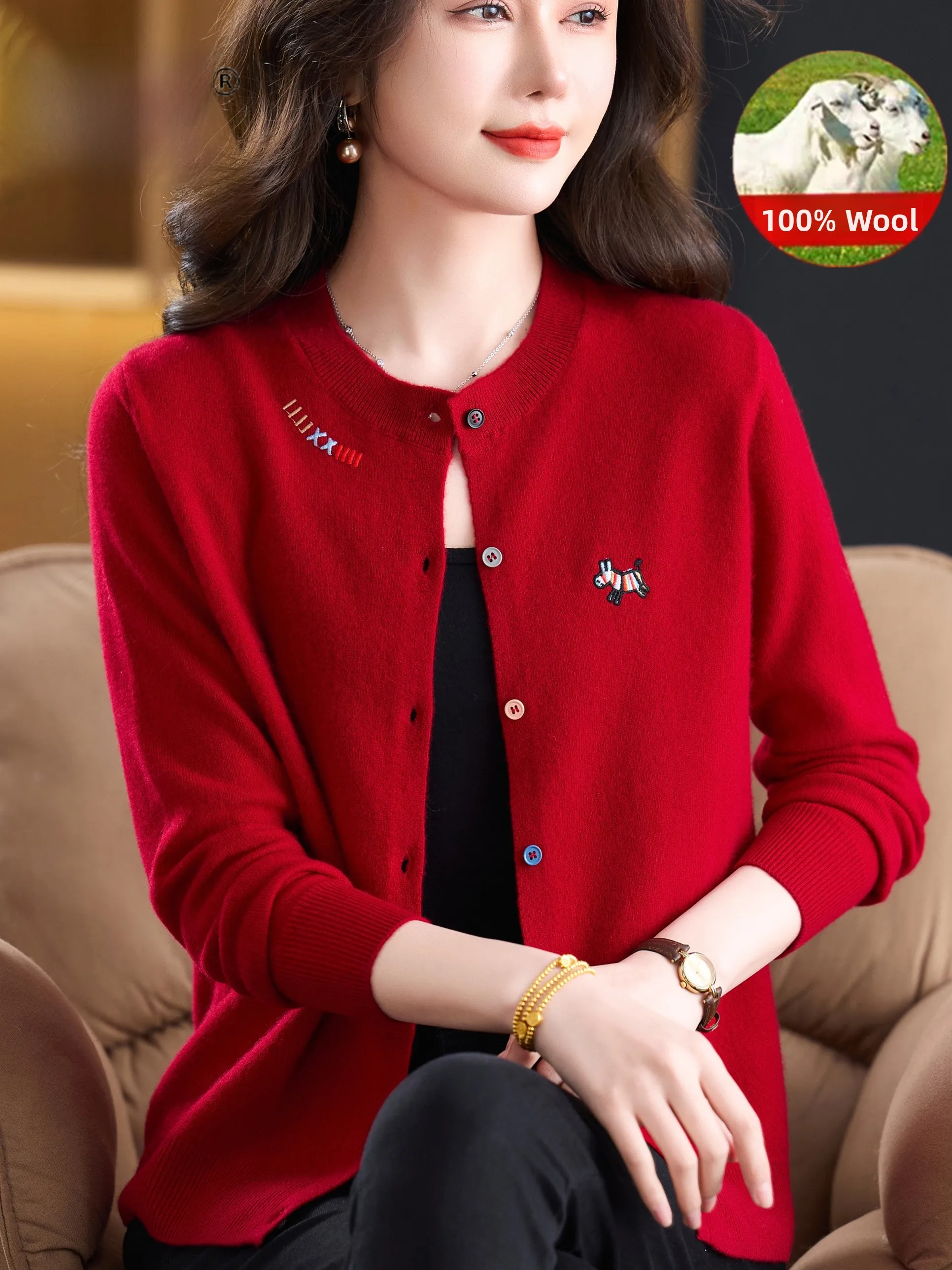 

Spring Autumn 00 Pure Wool Knitted Open Cardigan Women's Red Loose round Ne Faionable Mommy Sle Age-Defng Sweater Ja...