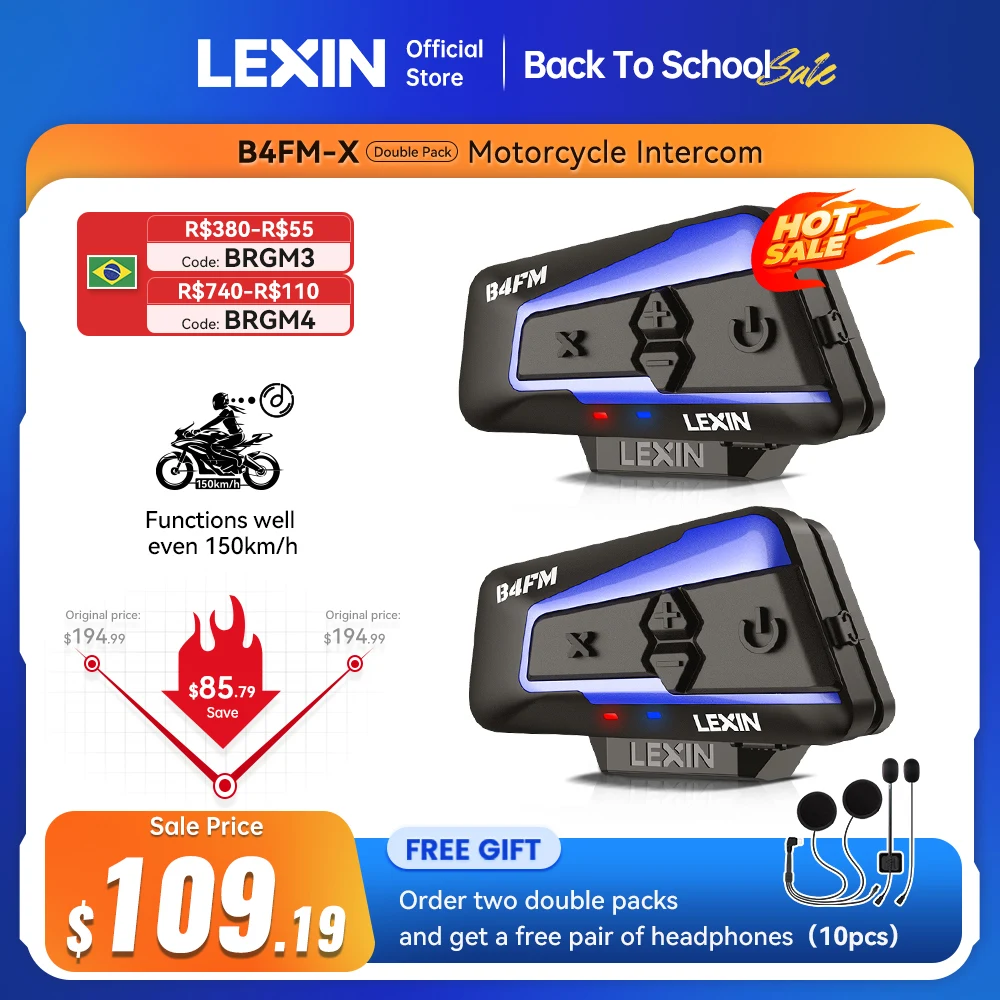 Lexin B4FM-X Bluetooth Motocicleta Intercom capacete fones de ouvido, bt 5.0 comunicação sem fio interfone música compartilhar 10 motociclistas