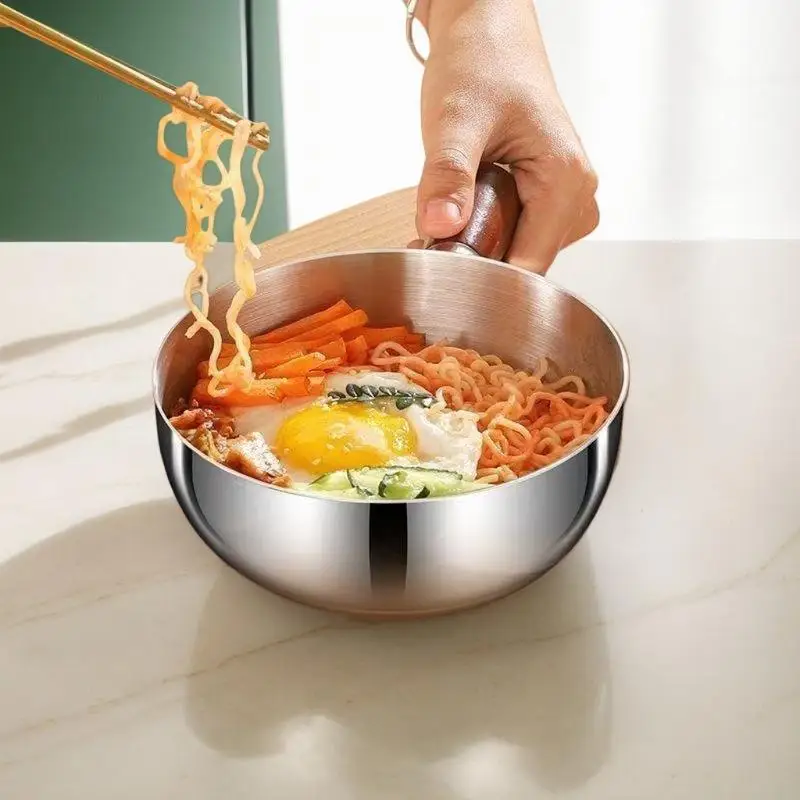 

Миска для лапши быстрого приготовления из нержавеющей стали с деревянной ручкой, термостойкая, защита от ожогов и падения, для домашнего использования
