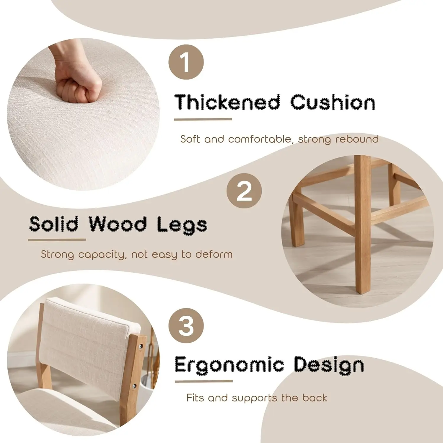 26' Counter Height Bar Stools Set of 2, Modern Upholstered with Back, Wood Legs, Beige Linen Farmhouse Kitchen Chairs