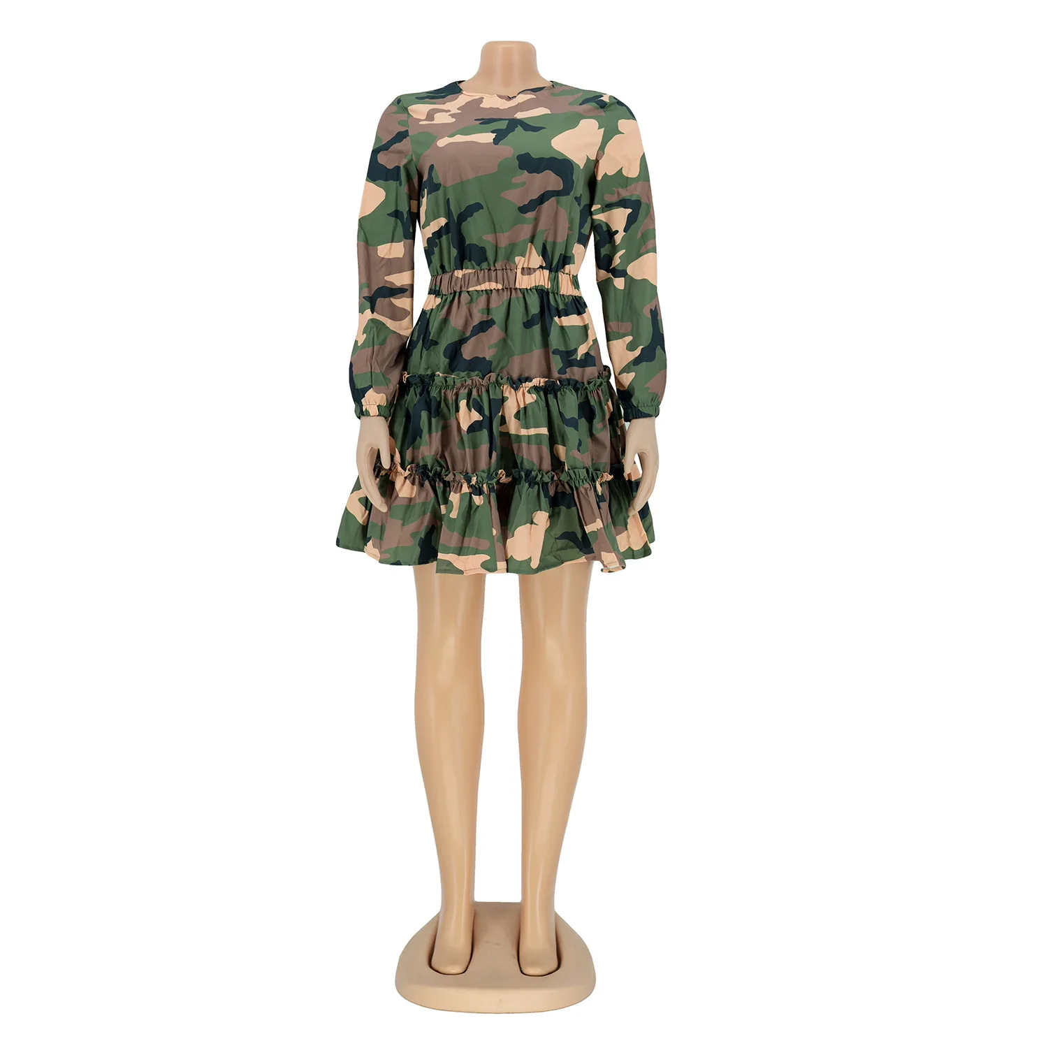 A Line T Shirt Dress Women Full Sleeve High Waist Lace Up Fashion Camouflage Print Cascading Military Casual Dress Robes Summer