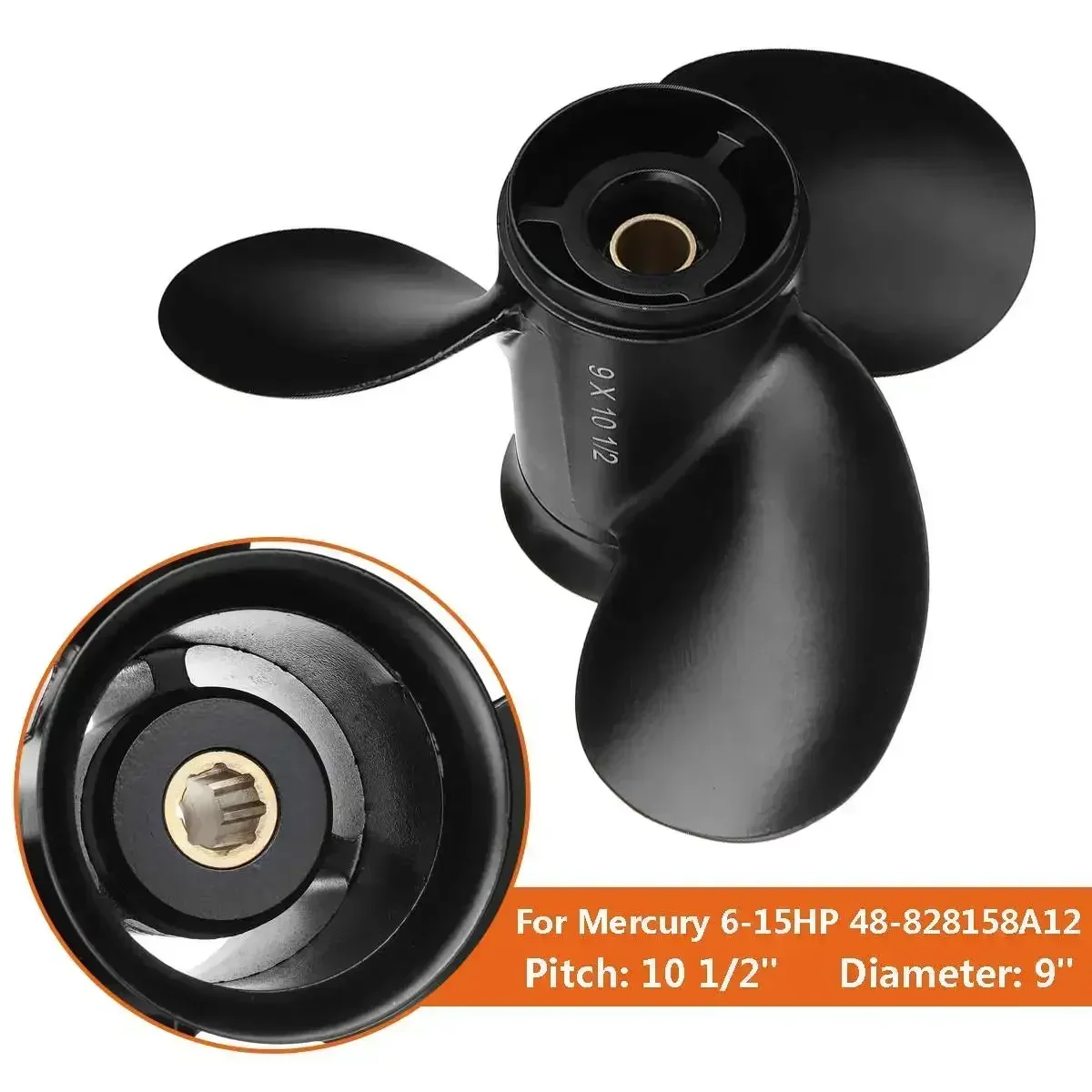المروحة الخارجية للقوارب البحرية 48-828158A12 للزئبق 6-15HP 9x10 1/2 سبائك الألومنيوم دوران قياسي 8 سبلاين الأسنان السوداء #1
