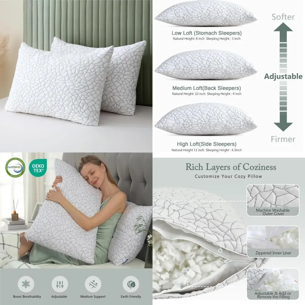 

Queen Size Bamboo Rayon Premium Pillow Set - 2-Piece Shredded Memory Foam with Removable Covers